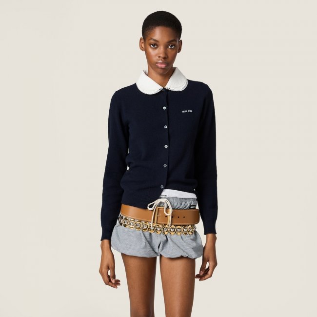 Miu Miu Cashmere cardigan with embroidered poplin collar Navy