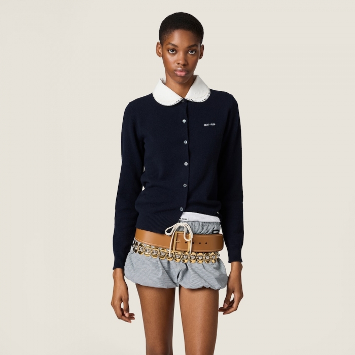 Miu Miu Cashmere cardigan with embroidered poplin collar Navy