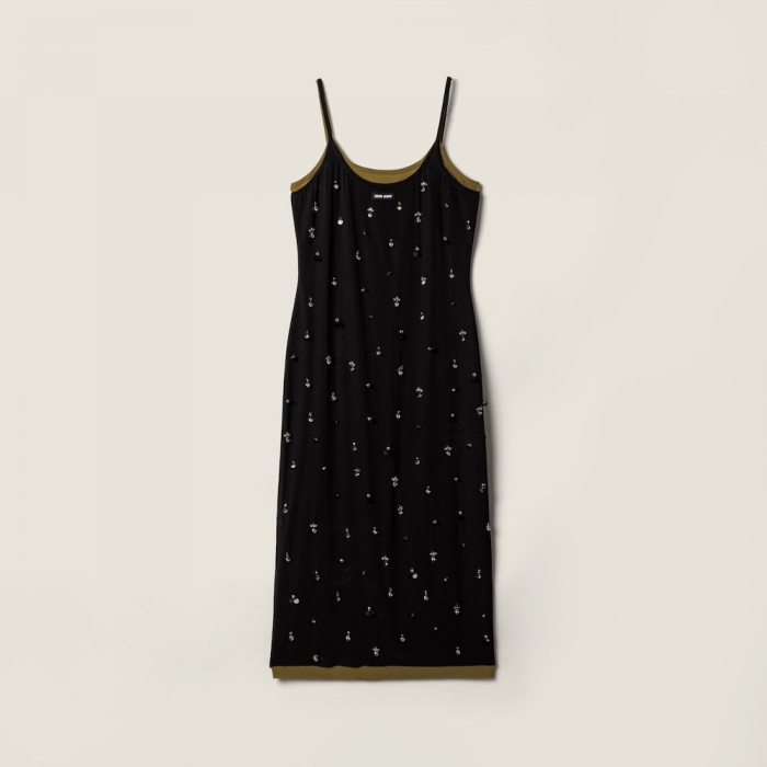 Miu Miu Embroidered stretch georgette dress Black