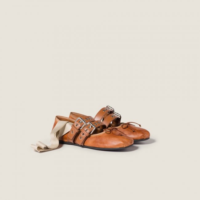 Miu Miu Nappa and calf leather ballerinas Caramel