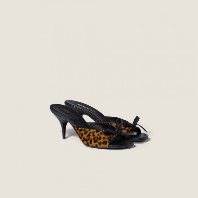Miu Miu Printed leather sandals with bow Honey