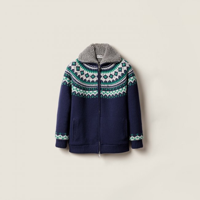 Miu Miu Wool and fleece cardigan with zipper Navy