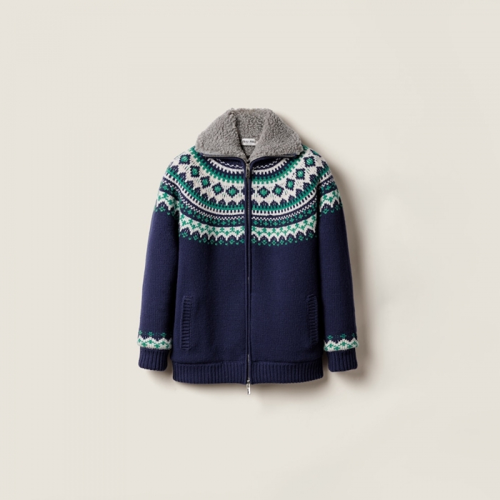Miu Miu Wool and fleece cardigan with zipper Navy