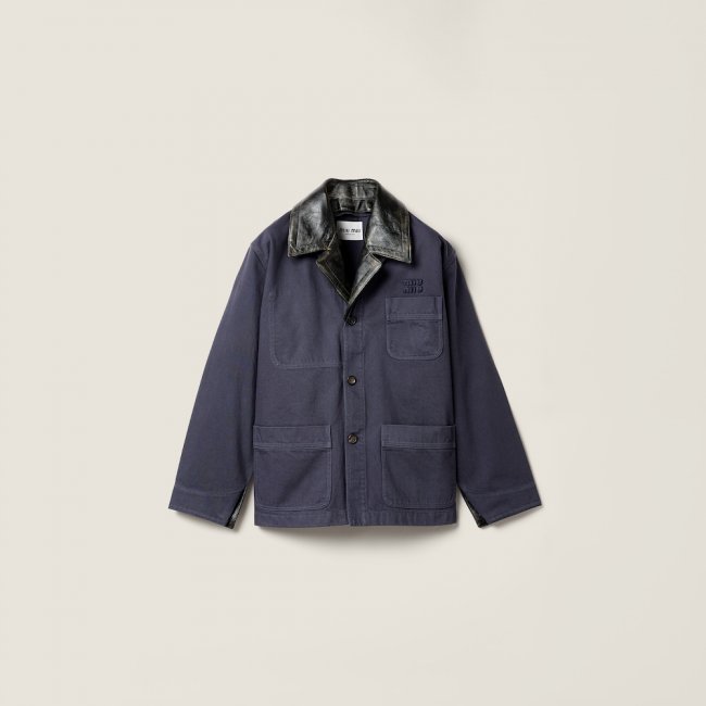 Miu Miu Single-breasted garment-dyed gabardine and leather jacket Hematite