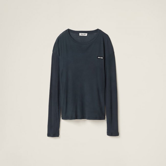 Miu Miu Long-sleeved garment-dyed ribbed knit jersey T-shirt Black