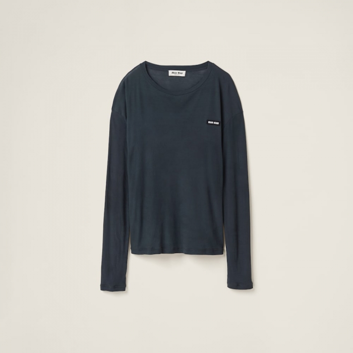 Miu Miu Long-sleeved garment-dyed ribbed knit jersey T-shirt Black