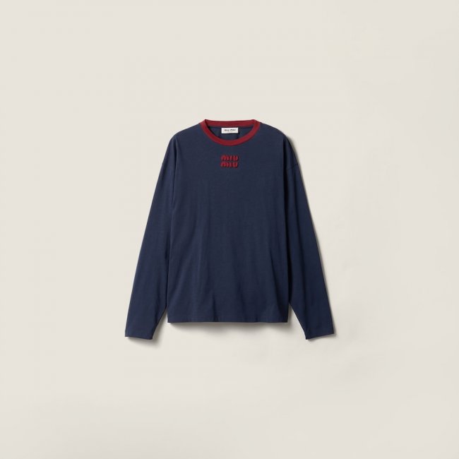 Miu Miu Long-sleeved cotton jersey T-shirt Blue / Burgundy