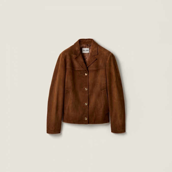 Miu Miu Waxed suede leather blouson jacket Brandy