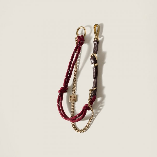Miu Miu Leather, cord and metal trick keyring - Briarwood/Amaranth