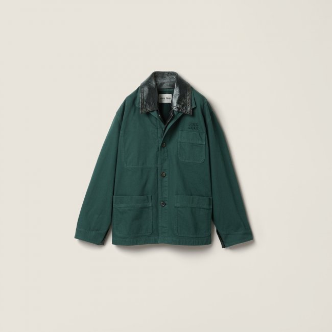 Miu Miu Single-breasted garment-dyed gabardine and leather jacket Bottle Green