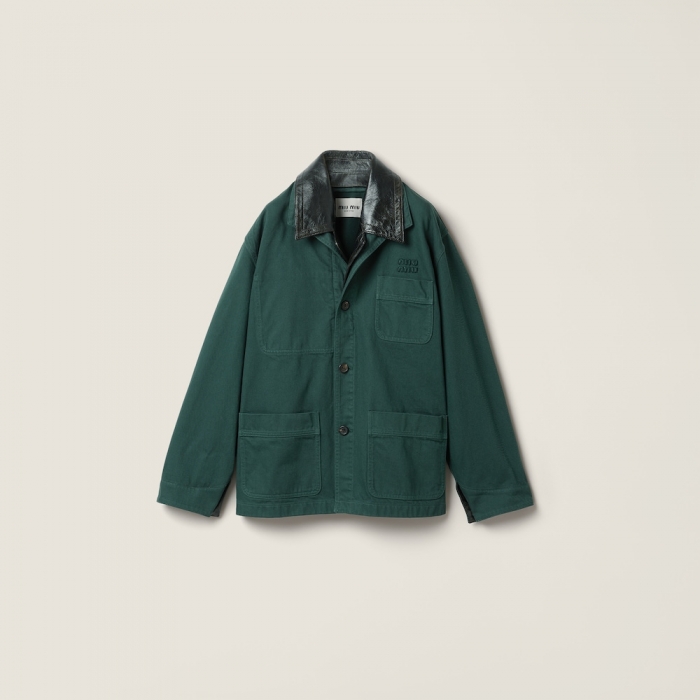 Miu Miu Single-breasted garment-dyed gabardine and leather jacket Bottle Green