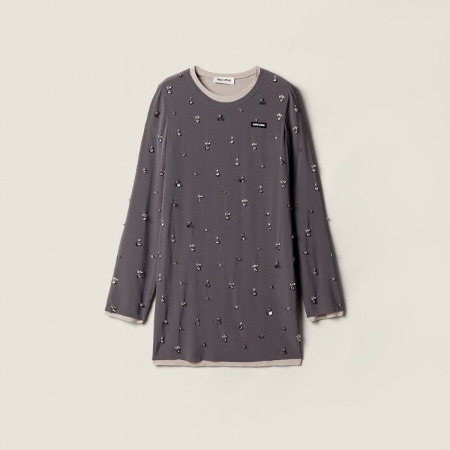 Miu Miu Embroidered stretch georgette dress Iron Gray