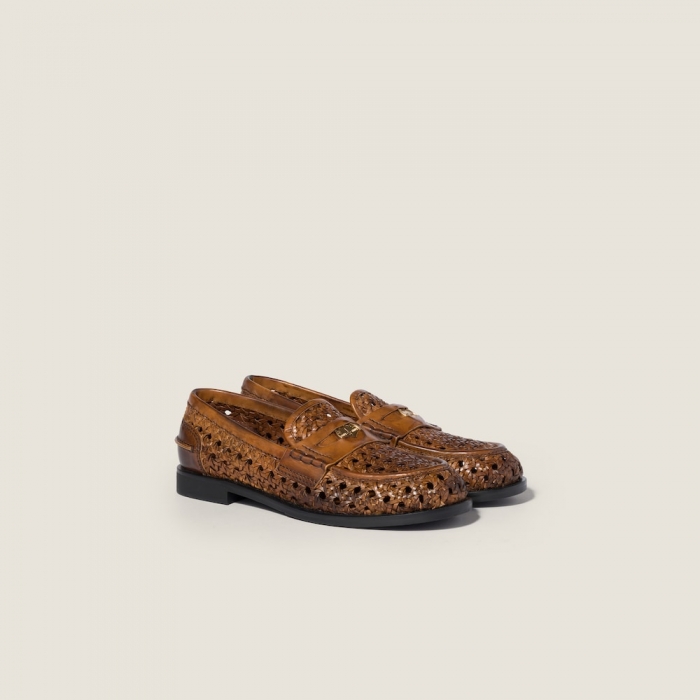 Miu Miu Woven leather loafers Cognac