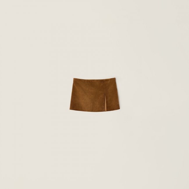 Miu Miu Waxed suede leather miniskirt Tobacco