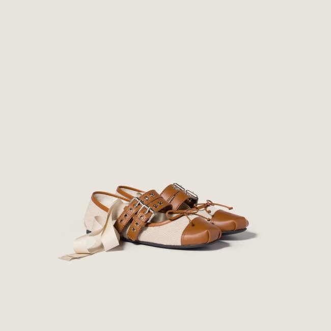 Miu Miu Canvas and leather ballerinas Beige / Tobacco