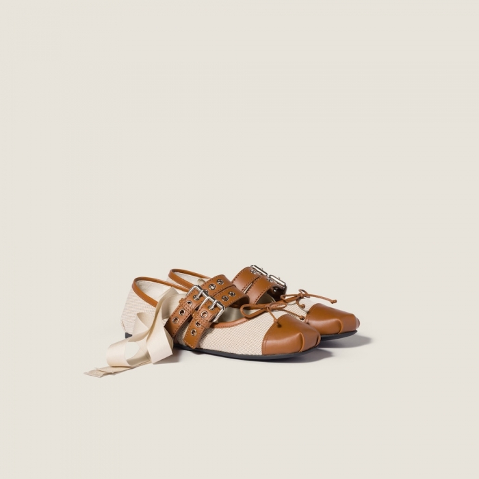 Miu Miu Canvas and leather ballerinas Beige / Tobacco