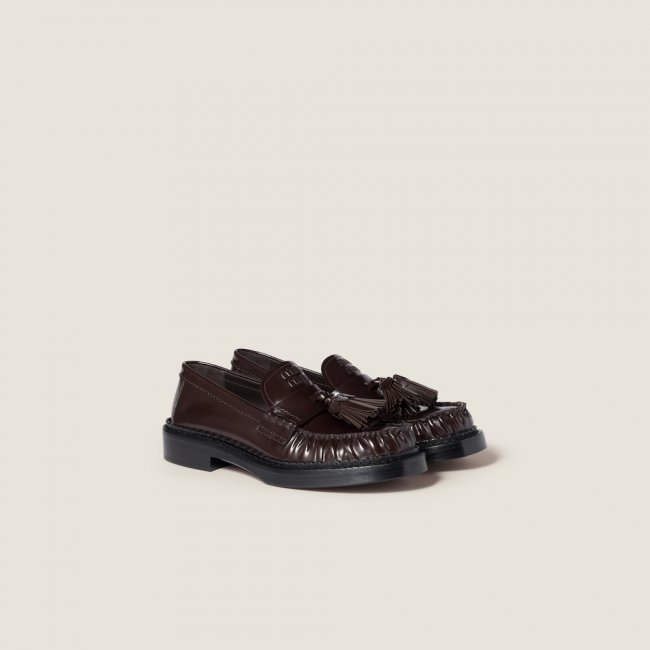 Miu Miu Tassel loafers in polished leather Dark Brown