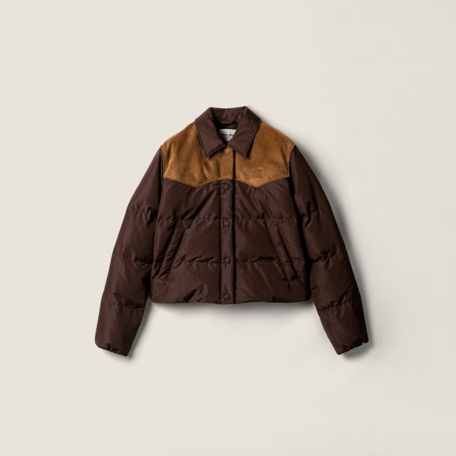 Miu Miu Technical pongé and leather down jacket Coffee