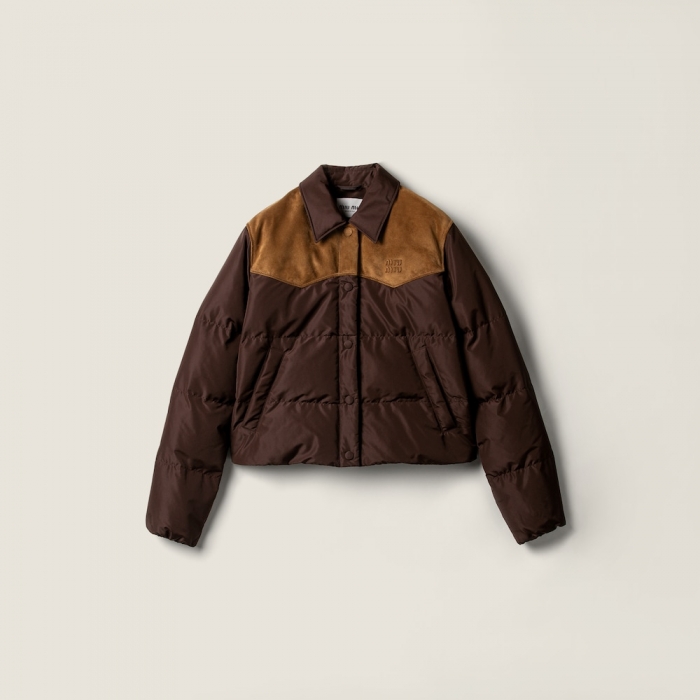 Miu Miu Technical pongé and leather down jacket Coffee
