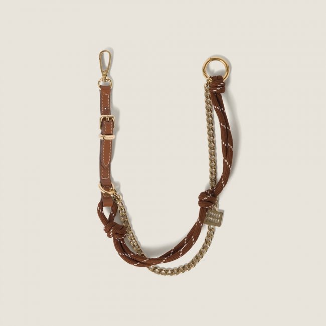 Miu Miu Leather, cord and metal trick keyring - Cognac/Tobacco