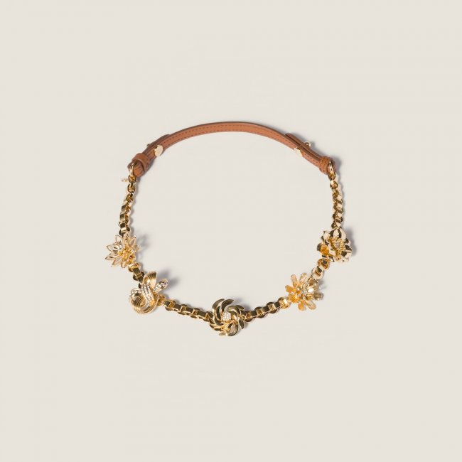 Miu Miu Metal and leather necklace Cognac / Gold / Crystal