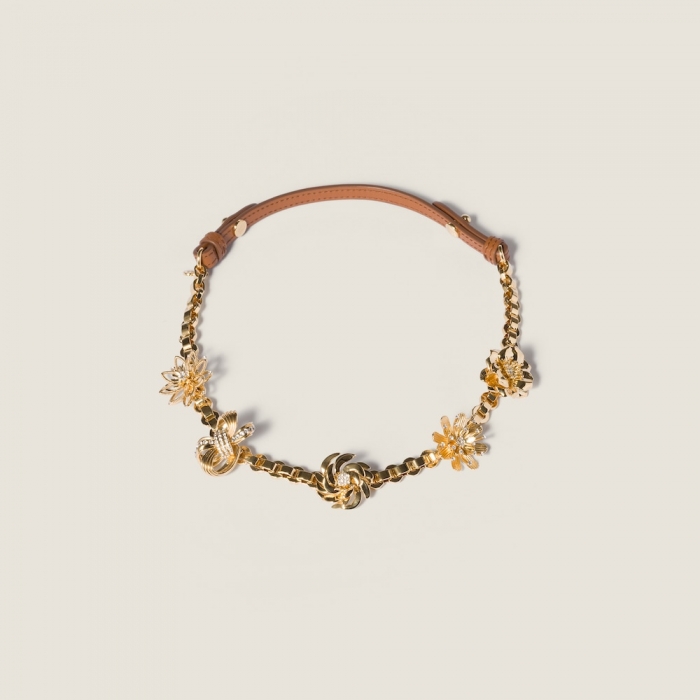 Miu Miu Metal and leather necklace Cognac / Gold / Crystal