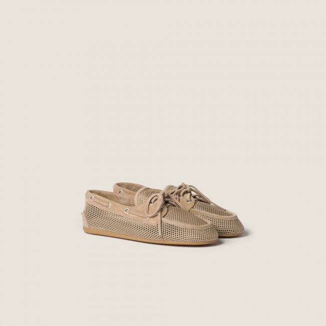 Miu Miu Mesh and suede boat shoes Desert Beige