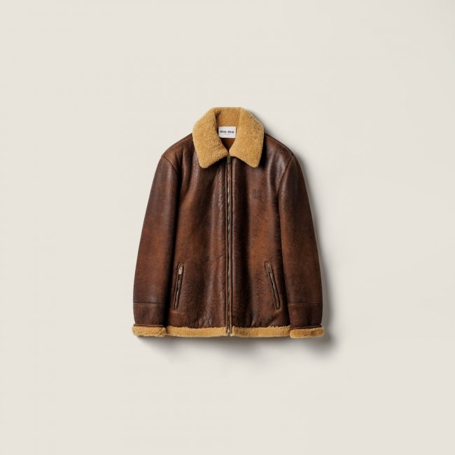 Miu Miu Waxed shearling blouson jacket Dark Brown