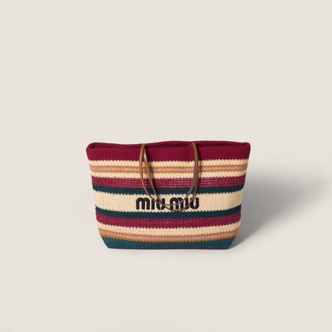 Miu Miu Raffia-effect woven tote bag Bordeaux / Teal / Natural