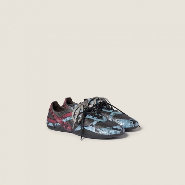 Miu Miu Gymnasium technical fabric and python-print Ayers leather sneakers Slate Gray / Astral Blue