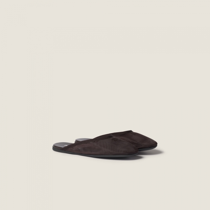 Miu Miu Mesh fabric slippers Dark Brown