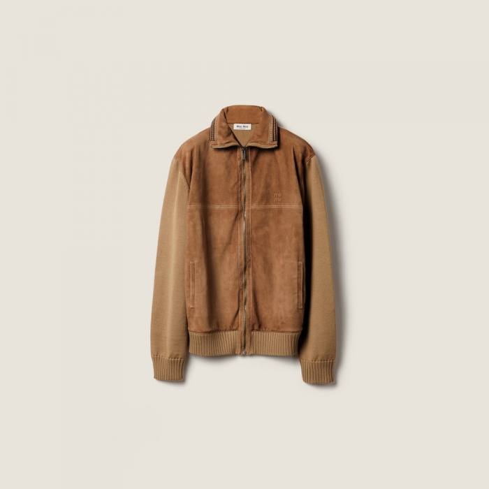 Miu Miu Wool and leather zipper cardigan Camel / Cinnamon