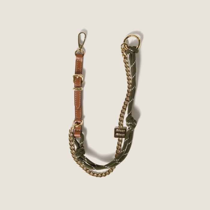 Miu Miu Leather, cord and metal trick keyring - Cognac/Forest Green