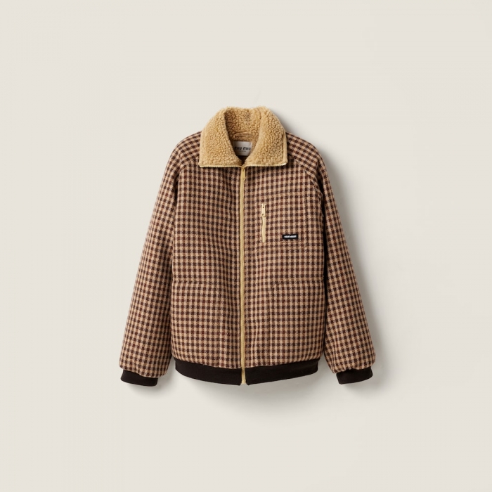 Miu Miu Fleece-lined checked blouson jacket Camel / Cocoa Brown