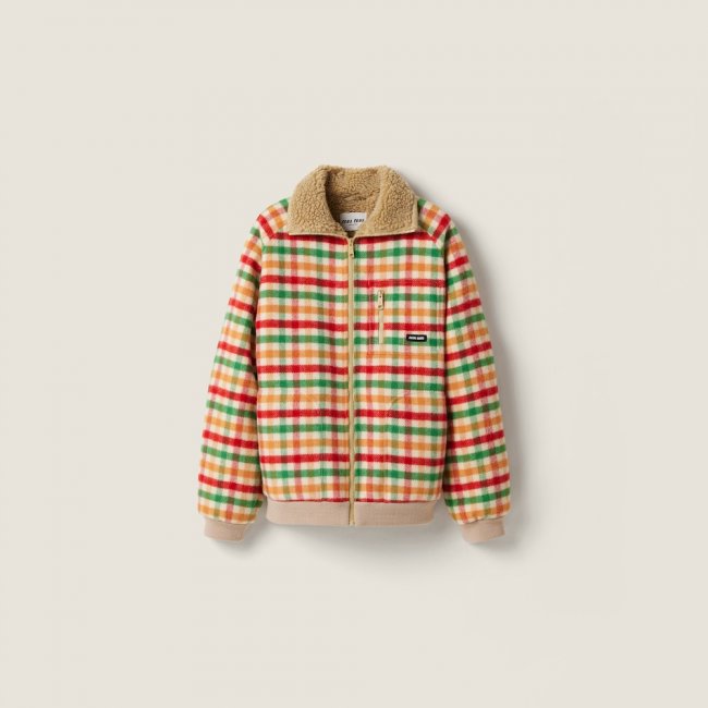 Miu Miu Fleece-lined checked blouson jacket Red / Green / Soy Green