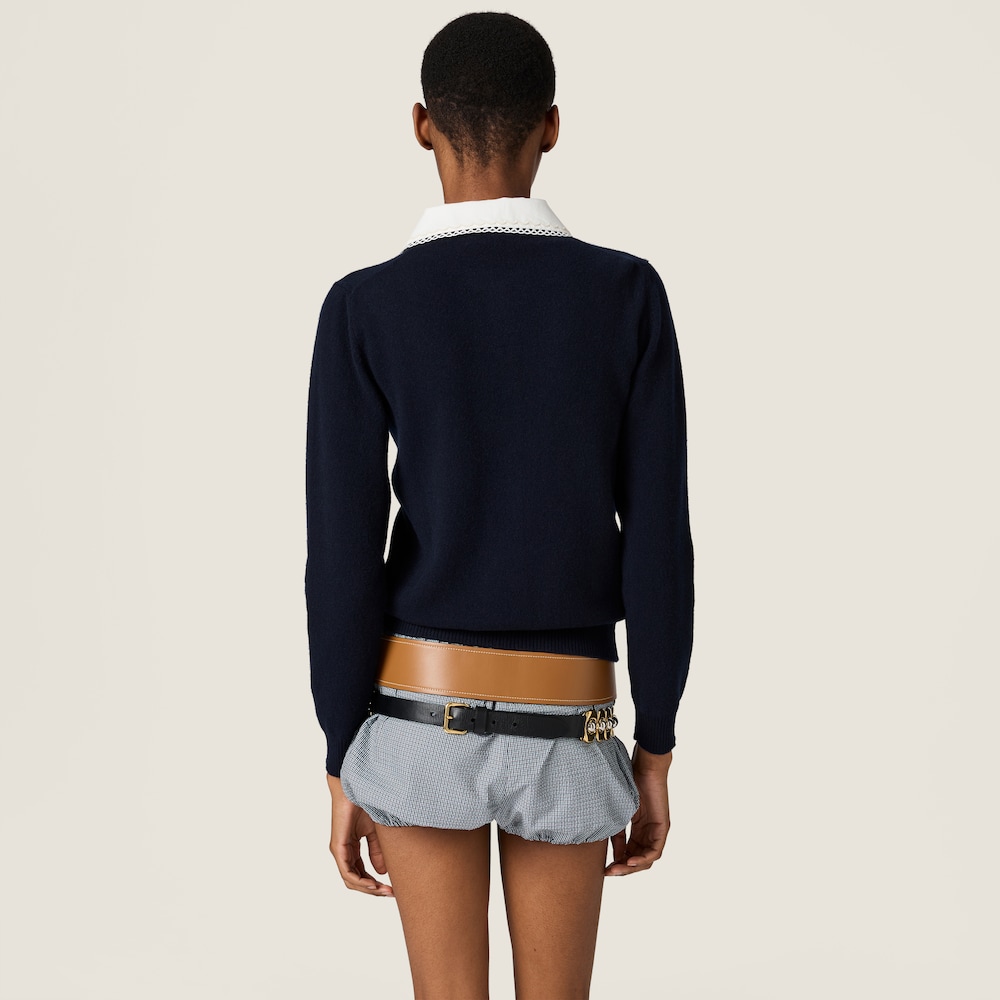 Miu Miu Cashmere cardigan with embroidered poplin collar Navy