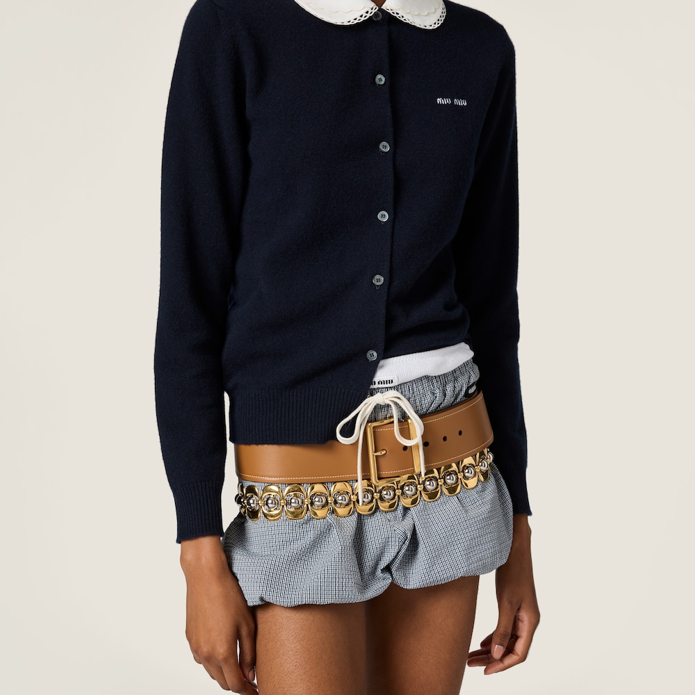 Miu Miu Cashmere cardigan with embroidered poplin collar Navy