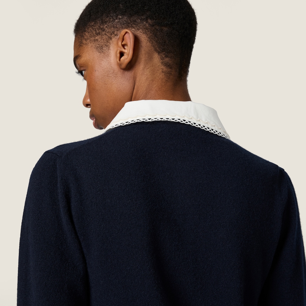 Miu Miu Cashmere cardigan with embroidered poplin collar Navy
