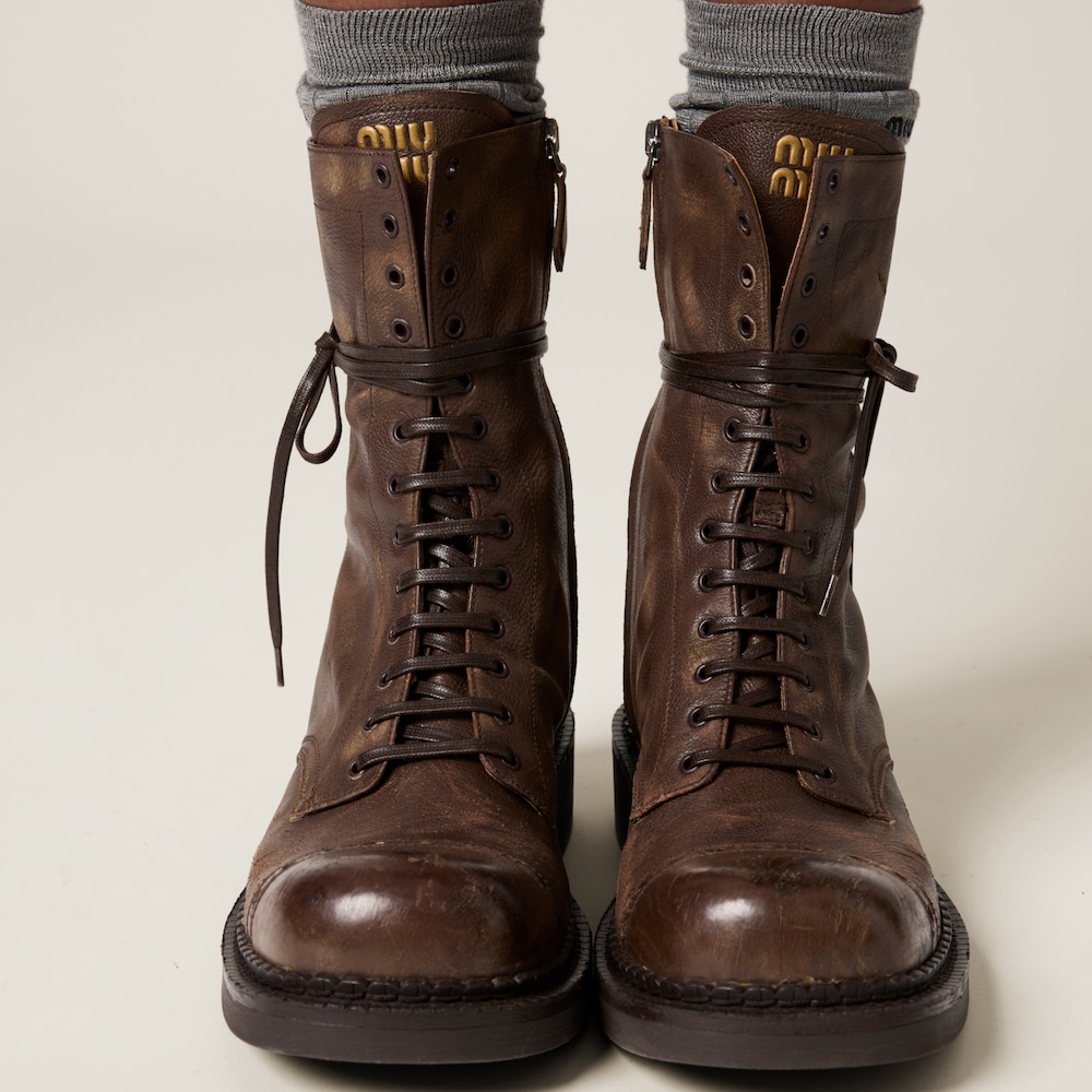 Miu Miu Leather laced booties Cocoa Brown