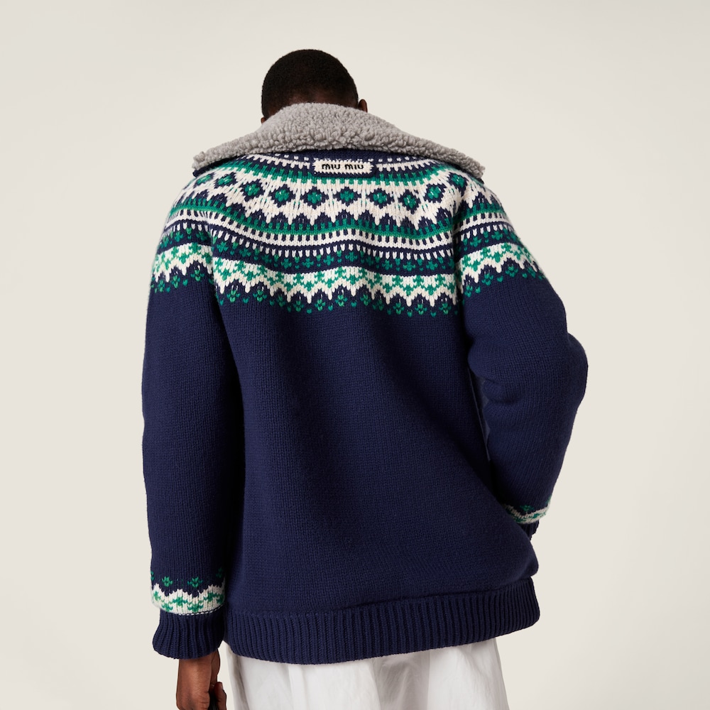 Miu Miu Wool and fleece cardigan with zipper Navy