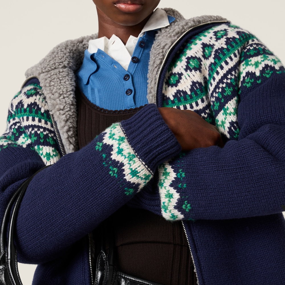 Miu Miu Wool and fleece cardigan with zipper Navy