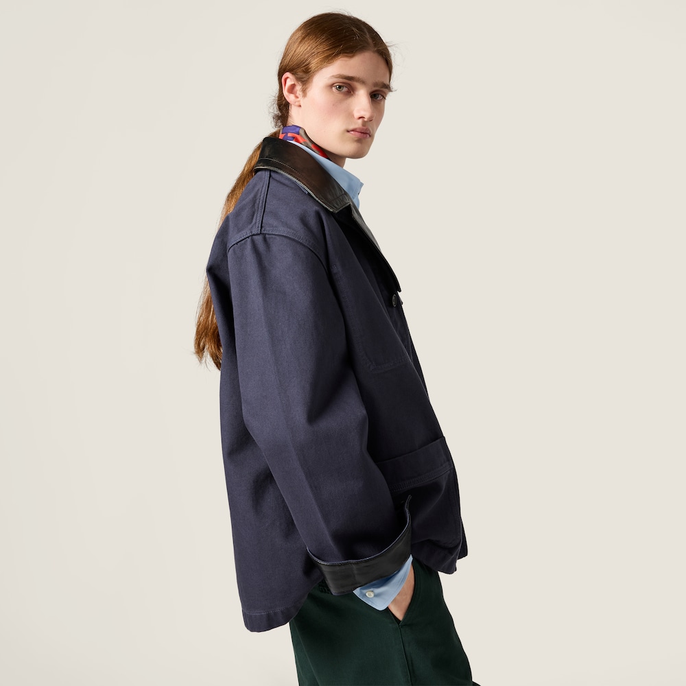 Miu Miu Single-breasted garment-dyed gabardine and leather jacket Hematite