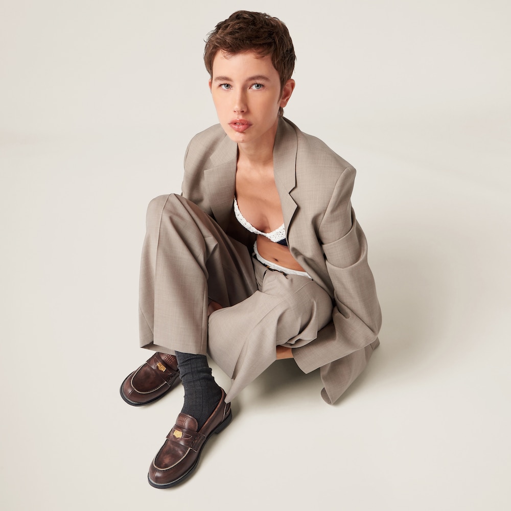 Miu Miu Vintage-effect leather penny loafers Ebony