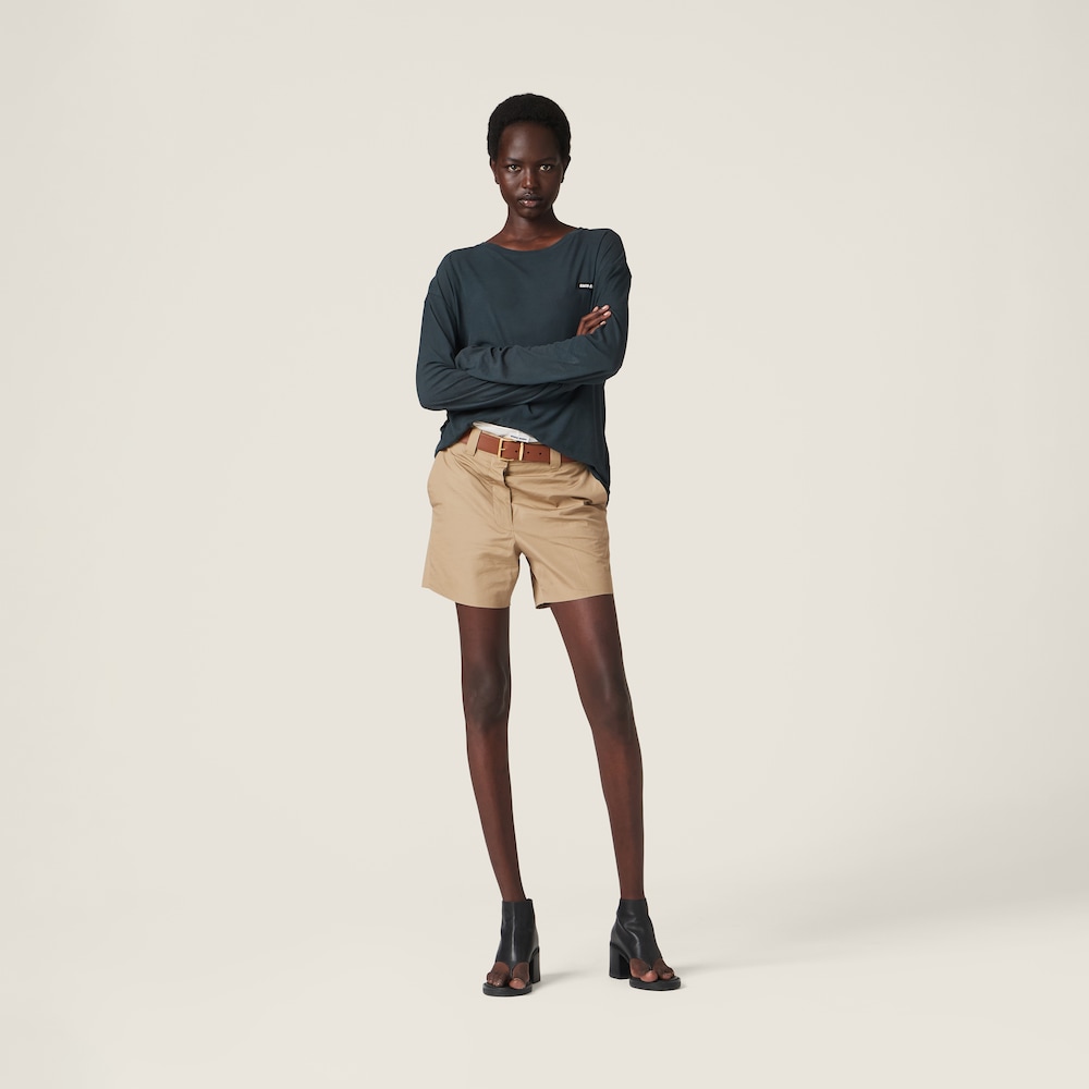 Miu Miu Long-sleeved garment-dyed ribbed knit jersey T-shirt Black