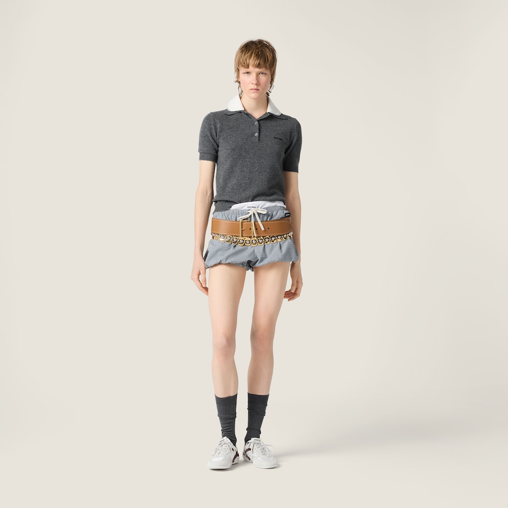 Miu Miu Cashmere polo with embroidered poplin collar Slate Gray