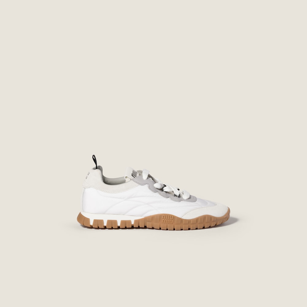 Miu Miu Tyre technical fabric and suede sneakers White / Granite Gray