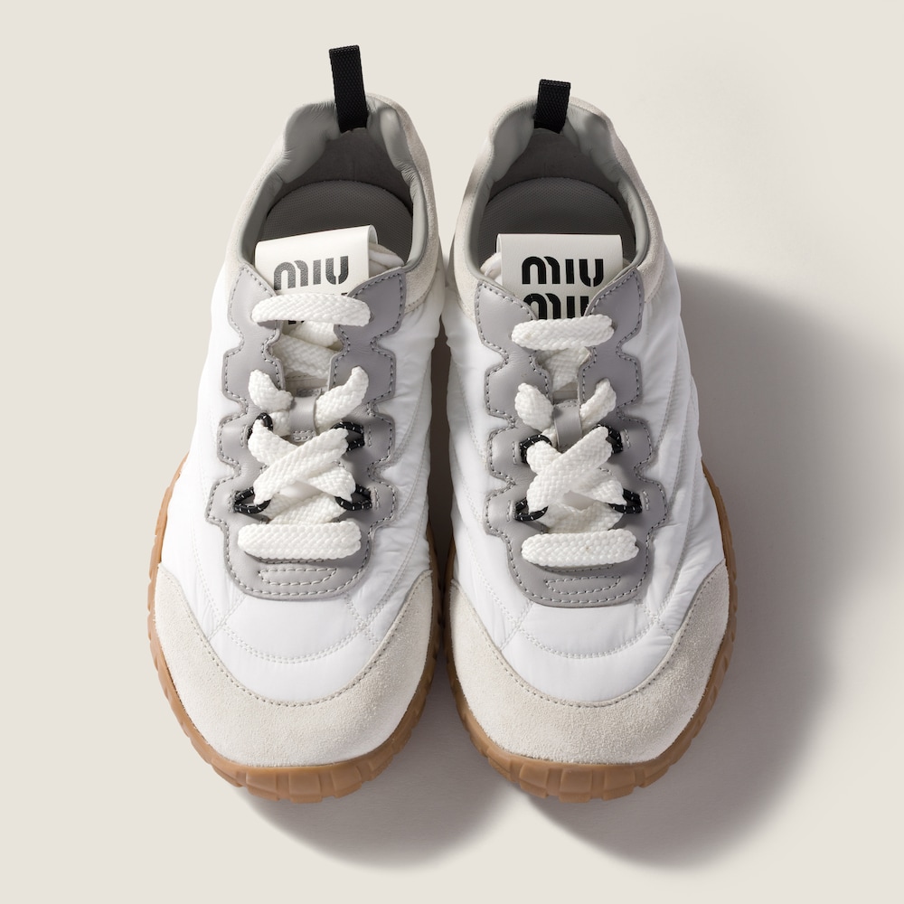 Miu Miu Tyre technical fabric and suede sneakers White / Granite Gray