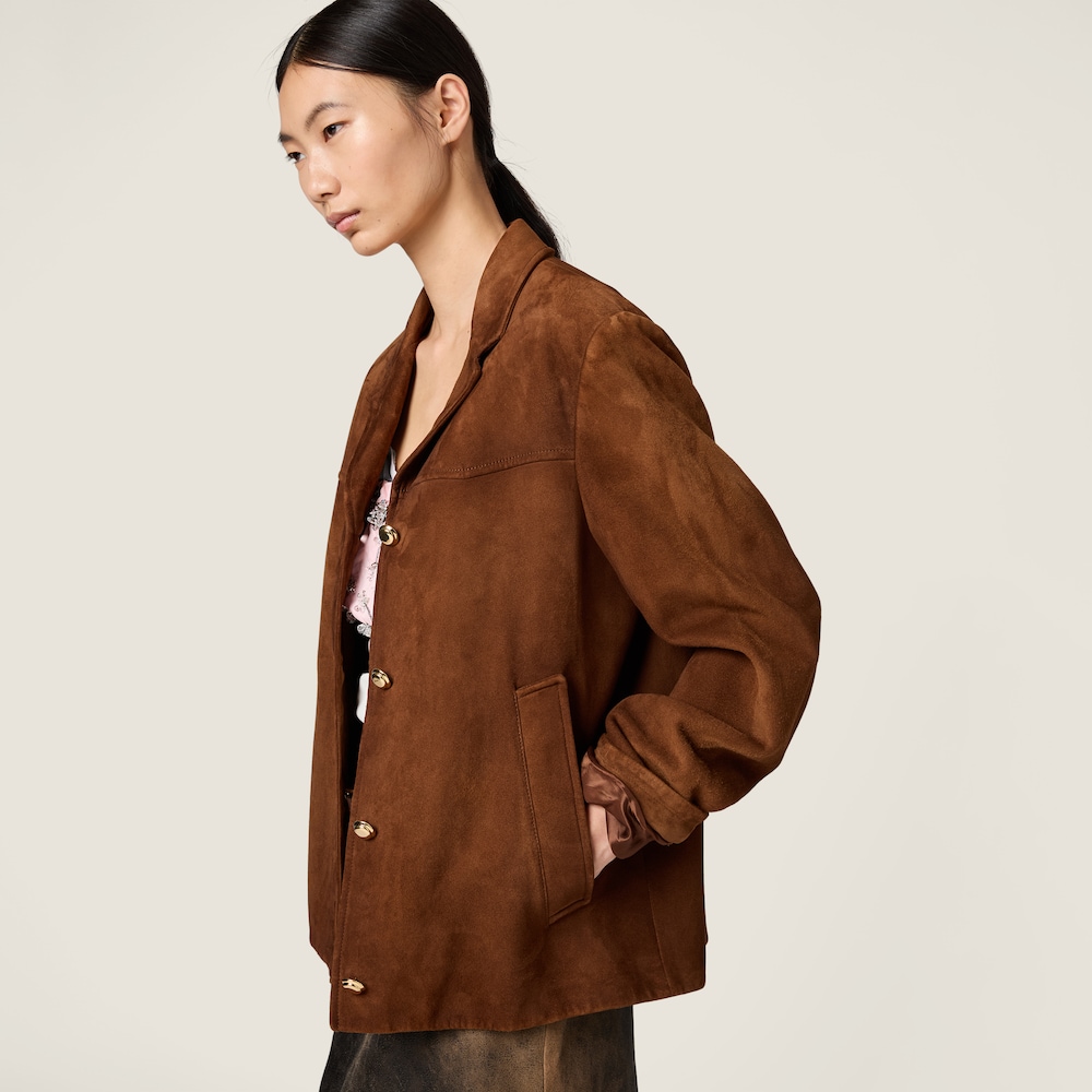 Miu Miu Waxed suede leather blouson jacket Brandy