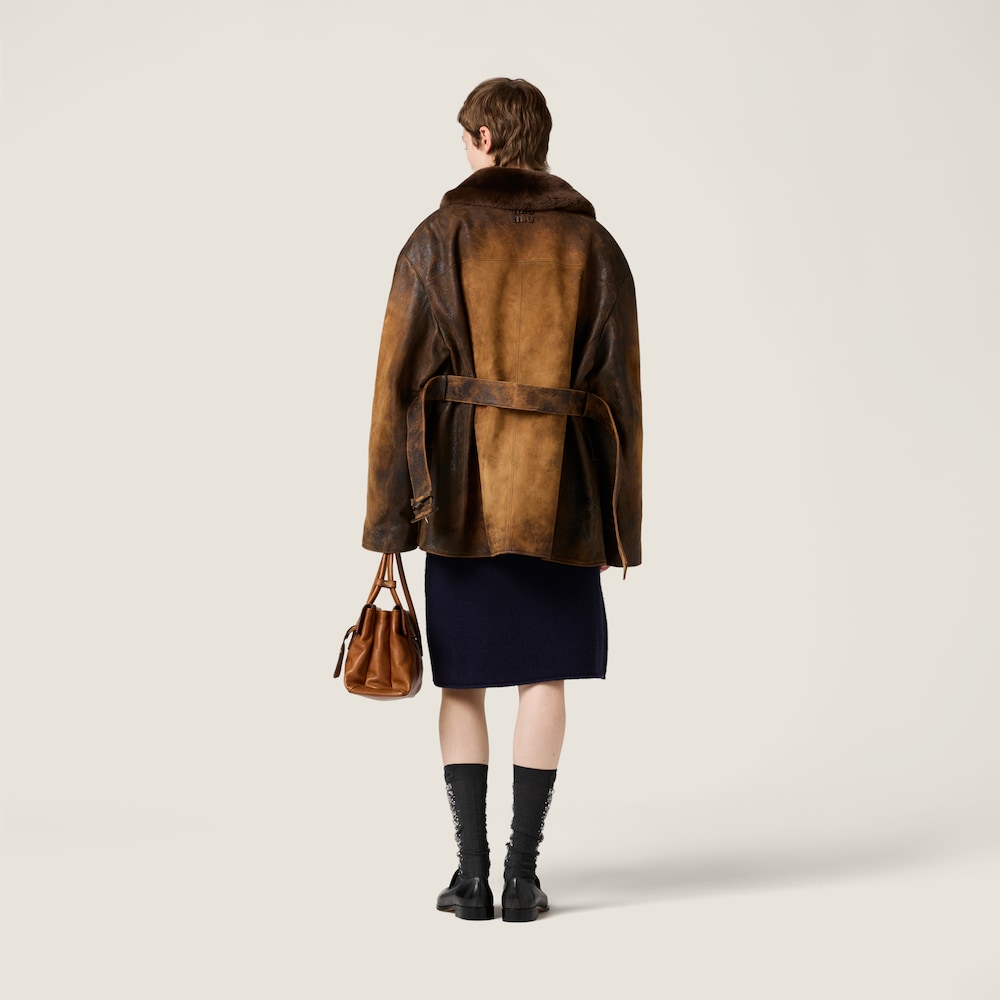 Miu Miu Double-breasted waxed suede caban jacket Cognac