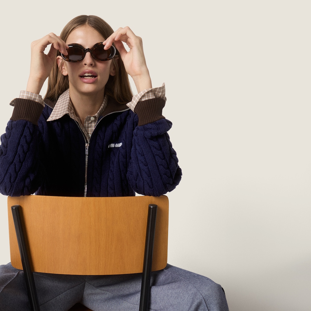 Miu Miu Wool and cotton zipper cardigan Navy